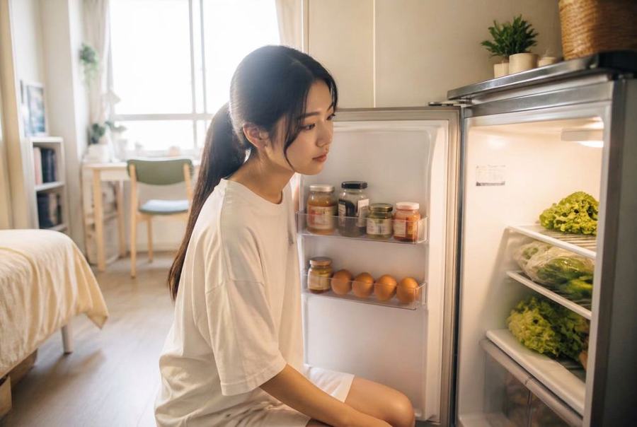 Cô tân sinh viên lần đầu xa nhà mở tủ lạnh, nhìn rau củ và trứng